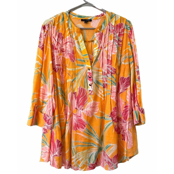 Ava & Grace Tops - Ava & Grace 1X Floral Blouse Tropical Rayon 3/4 Sleeve Boho Orange Summer Resort